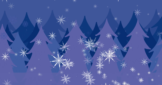 Image of snow falling at christmas over fir trees