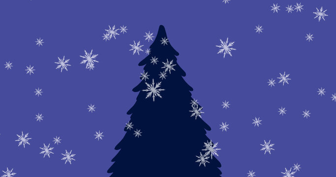 Image of snow falling over christmas tree on purple background