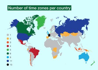 Map with number of time zones per country