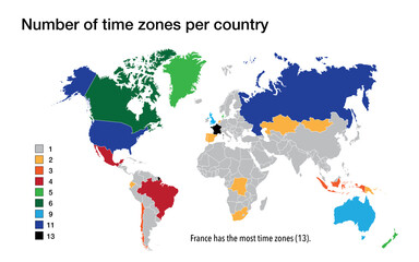Map with number of time zones per country