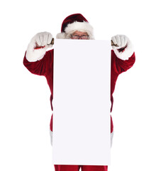 Santa Claus holding a blank scroll in front of his body. Santa is looking over the top of the long...
