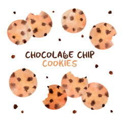 Watercolor tasty cookies with chocolate chips inside
