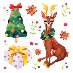 Watercolor Christmas set with winter elements. Cute deer, colorful Christmas tree and gift