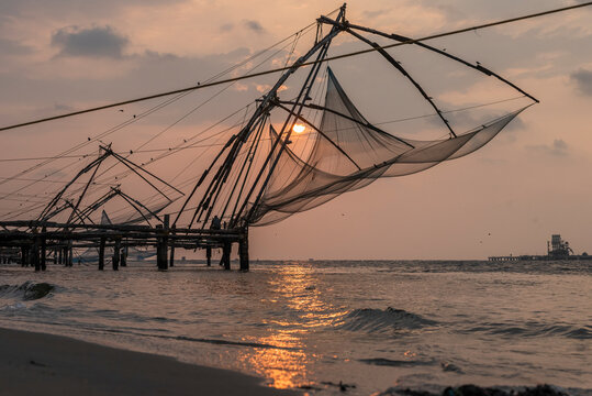 View of Kochi old town along the river near the Chinese fishing nest, Kerala, India.