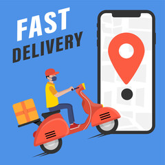 Fast delivery service, online tracking of delivery, delivery to any place. A man on a scooter wearing a mask. Vector illustration