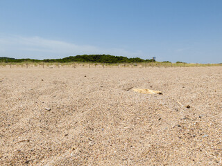 Large area with small gravel stones and sand under a blue sky on a sunny day
