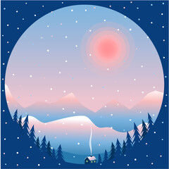 Vector landscape in a circle.
Snowy winter, mountain landscape with fir trees, a house at the foot of the mountains.