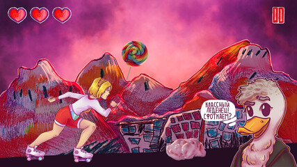 Game interface. A girl rides roller skates around the city of lollipops. Duck helps.