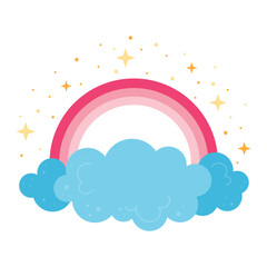 Blue clouds with pink rainbow and stars. Children nursery concept.