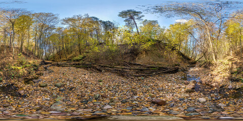 full seamless hdri 360 panorama near mountain river in tree-covered ravine in autumn forest in sunny day equirectangular spherical projection. ready VR AR virtual reality content