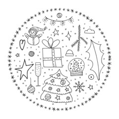 Set of winter doodle elements. Hand-drawn objects in the form of a circle on a white background. Merry Christmas and Happy New Year 2022.