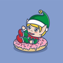 cartoon christmas elves relaxing on big donuts. vector illustration for mascot logo or sticker