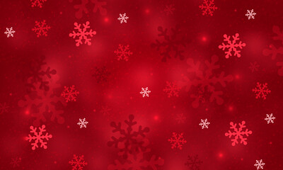 Beautiful winter red background with various snowflakes. Christmas snowy composition.