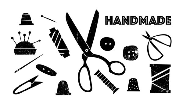 Set of vector images of sewing tools. Isolated. Needlework, handmade, clothing. Retro, grunge, illustration, flat, minimalism. White on a black background.