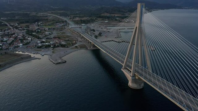 Aerial view after sunset of Rio Antirio Charilaos Trikoupis bridge in Greece