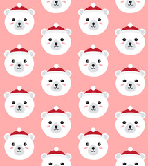 Vector seamless pattern of flat cartoon polar bear face in winter hat isolated on pink background