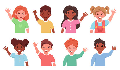 Children of different nationalities smiling and waving hands. Elementary school students. Vector illustration