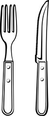 Vector illustration of a fork and a knife drawn in black and white

