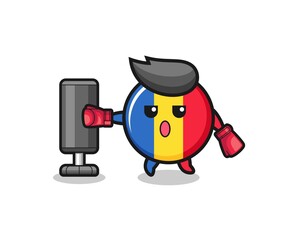 romania flag boxer cartoon doing training with punching bag