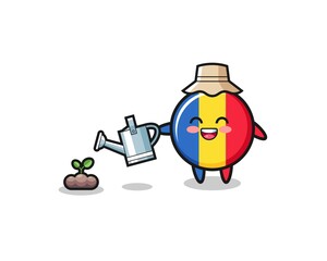 cute romania flag is watering plant seeds