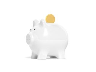 White piggy bank with coin isolated on white background. Money savings concept. 3d illustration.