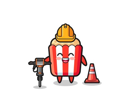 road worker mascot of popcorn holding drill machine