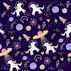 seamless background with unicorn and planets