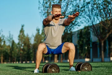 Fotobehang Persoonlijk male athlete park with dumbbells doing CrossFit exercise  © VICHIZH
