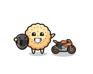 cute round biscuits cartoon as a motorcycle racer