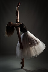 ballerina with a white dress and black top posing on gray background. © Nikola Spasenoski