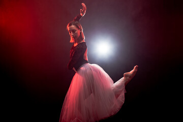 ballerina with a white dress and black top posing on red smoke background © Nikola Spasenoski