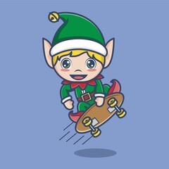 cute cartoon christmas elf skateboarding. vector illustration for mascot logo or sticker