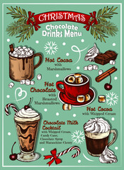 Sketch drawing poster of Christmas chocolate drinks menu. Colorful hot cocoa cocktail isolated on blue background. Drawn cacao, whipped cream, marshmallow, candy cane, snowflakes. Vector illustration  - 468691987
