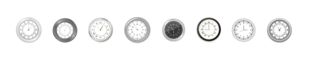Modern white, black round wall clocks, black watch face and time watch mockup. Office clock for branding and advertising