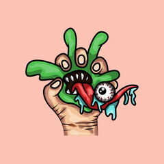 slime monster squeeze by hand with eyeball on the tongue cartoon vector illustration