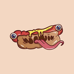 Doodle weird and scary monster hotdog with long tongue cartoon vector illustration