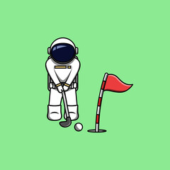 Astronaut hitting golf ball to the hole with flag cartoon vector illustration