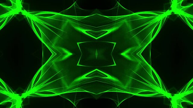 Abstract Hypnosis neon green Kaleidoscope Patterns.4K Seamless Loop Chaos Geometric Animation Background. Animation of an abstract shining and looping fantasy mirage fusion wave pattern design backgro