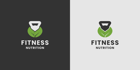kettle bell gym with leaf combine logo design for fitness nutrition