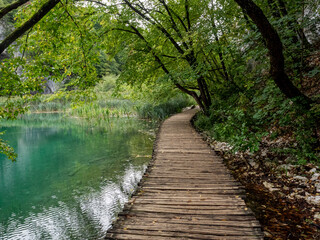 Wooden walkway twisting over shallow lake area of Plitvice Lakes District, Croatia.