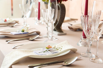 Beautiful table setting for wedding celebration in restaurant