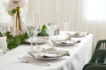Beautiful table setting for wedding celebration in restaurant