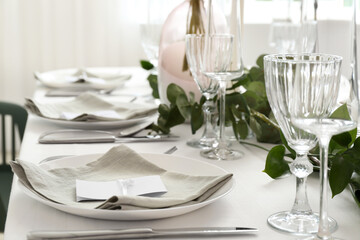 Beautiful table setting for wedding celebration in restaurant, closeup