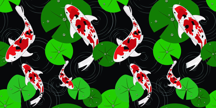 Koi carps fish seamless pattern in pool with leaves background