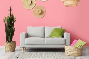 Green cactus and grey sofa near pink wall