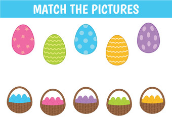 Children's educational game. Connect the colors. Easter eggs and baskets. Vector illustration.