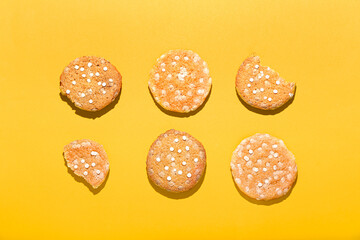 Delicious homemade cookies with chocolate chips on color background