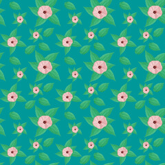 Pink floral wallpaper with green leaves seamless on cyan color background for fabric and product prints, endless stitching possibilities.