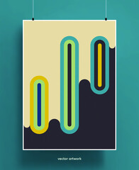 Vintage poster design background. Geometric colorful shapes and lines in pastel palette with grainy texture. Vector illustration.