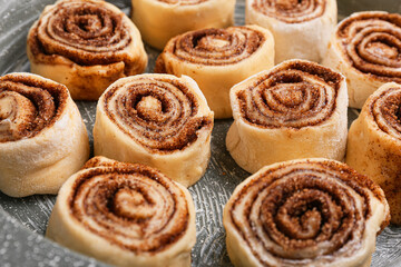 Obraz na płótnie Canvas Uncooked cinnamon rolls in baking dish, closeup